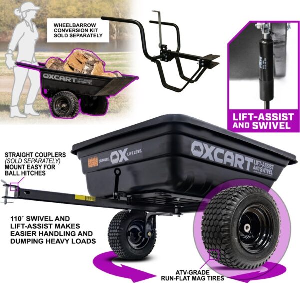 PRO-Grade Crewman 15-17 cu. ft. Lift-Assist and Swivel ATV Dump Cart w Run-Flat MAG Tires and Wheelbarrow Conversion Combo